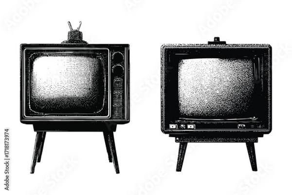 Obraz vintage halftone television vector illustration, retro photocopy effect television vector set with knobs, classic tv monochrome dotted style isolated on white background