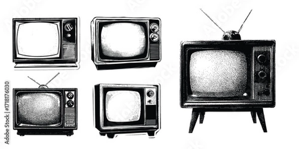 Obraz vintage halftone television vector illustration, retro photocopy effect television vector set with knobs, classic tv monochrome dotted style isolated on white background