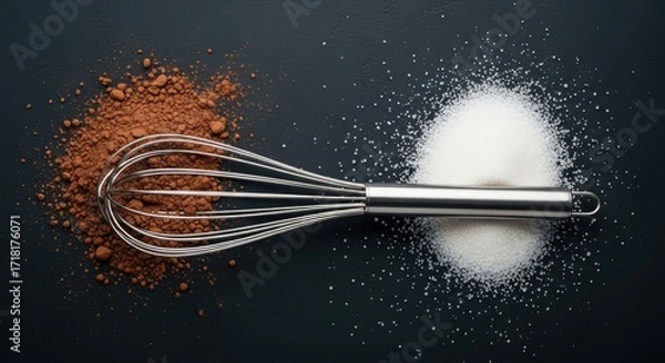 Fototapeta Whisk Resting on Cocoa Powder and Sugar Piles, Dark Background, Baking Concept