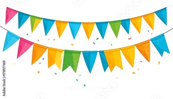 Obraz Colorful triangular flags, party streamers, confetti