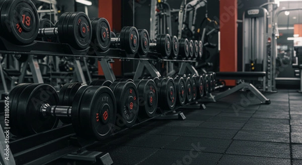 Fototapeta Row of Heavy Dumbbells in Modern Gym