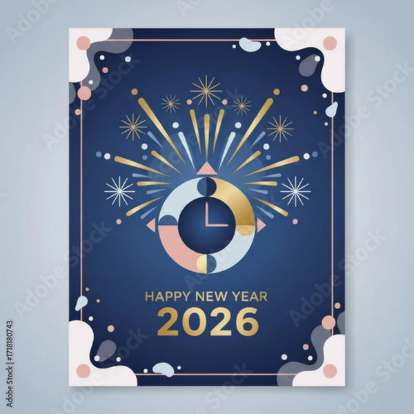 Fototapeta Abstract "Happy New Year 2026" Poster with a Clock and Fireworks
