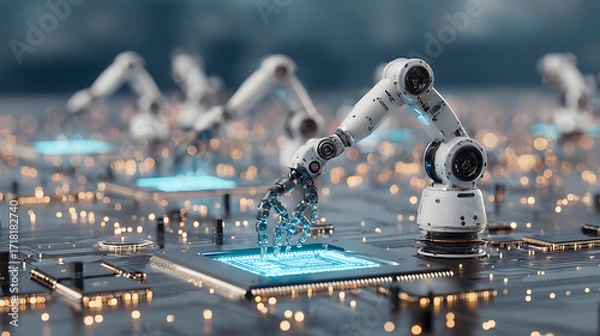 Obraz Robotic arm assembling microchip on circuit board in high-tech manufacturing environment