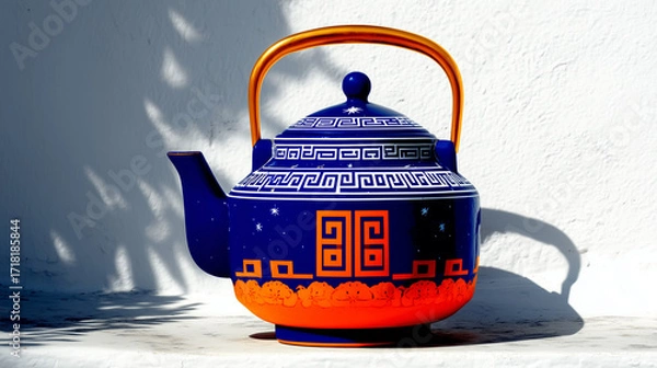 Fototapeta Blue and orange teapot with geometric patterns