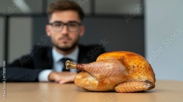 Obraz Businessman enjoying thanksgiving turkey dinner at the office desk. Festive autumn holiday meal executive savoring roasted fowl workplace setting professional celebrating gratitude