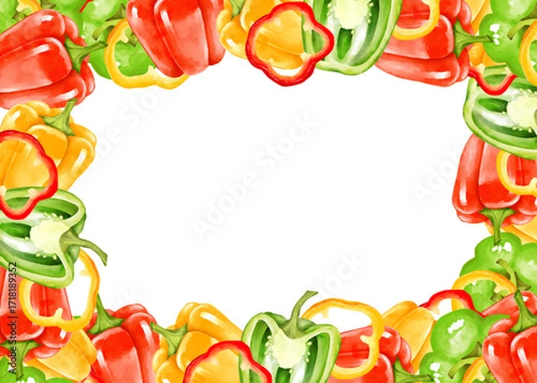 Fototapeta Hand-drawn illustration of a frame made of red, yellow, and green bell peppers, including whole and sliced