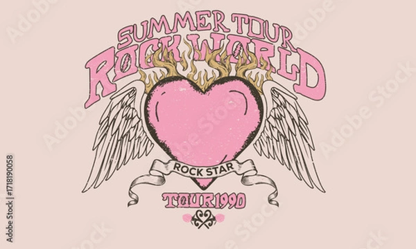 Fototapeta Eagle wing with heart. Rock and roll graphic print design for apparel, stickers, posters and background. Rock star design. Eagle fly vector artwork for t shirt and others.