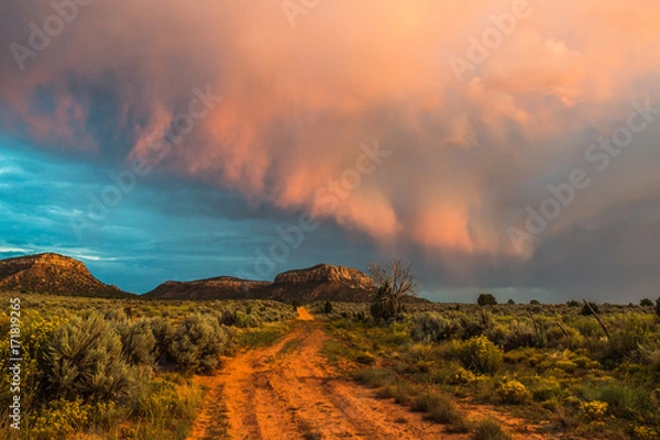 Obraz Stormy sunset over desert red cliffs in Arizona