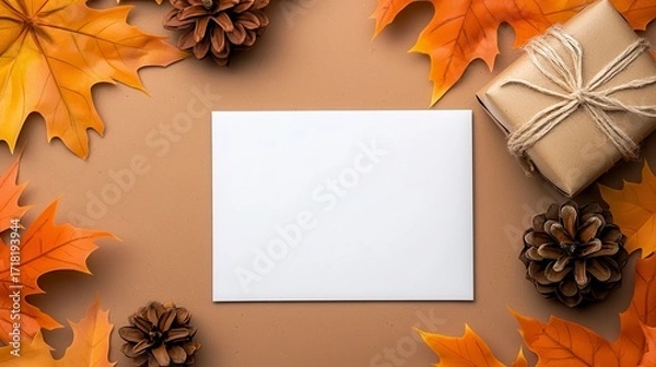 Fototapeta Elegant autumn scene with blank greeting card. Capture serene fall foliage display alongside empty note ideal mockup for seasonal promotion invitation thank you message or heartfelt