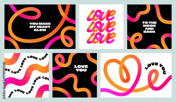 Fototapeta Abstract Love Backgrounds with Line Hearts. Vector Linear Pattern with Gradient. Romantic Poster Design with Cute Curves and Outline Pink Elements.