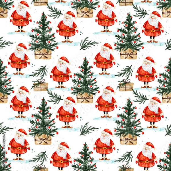 Fototapeta Christmas seamless pattern with Santa and Christmas trees. New year background.