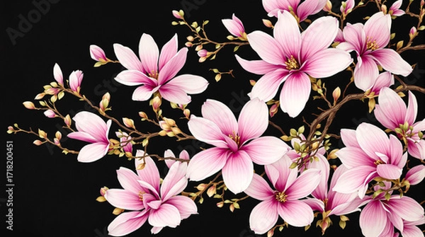 Fototapeta Magnolia wallpaper with blooming pink flowers on dark background. Elegant mural with branches and buds. Abstract botanical illustration for art prints.