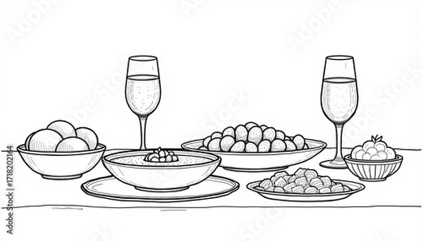Fototapeta Arabic falafel table at party with assorted dishes and drinks  
