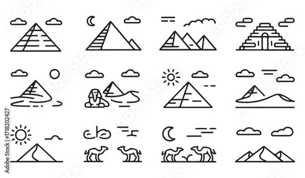 Fototapeta Ancient Egyptian pyramids and desert outline icons set with sphinx and camels