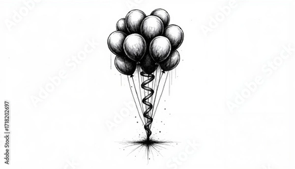 Fototapeta Spiral column of balloons in black and white ink sketch  