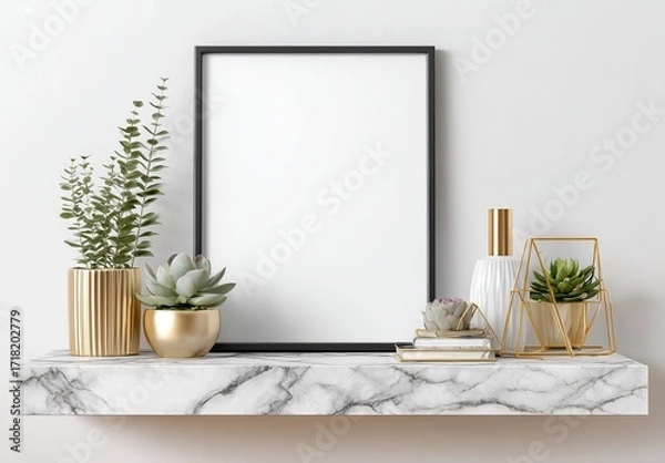 Fototapeta Blank Frame on Marble Shelf with Plants image black
