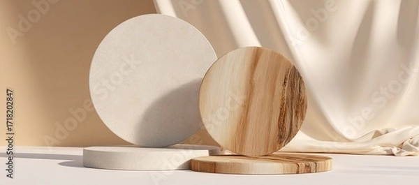 Fototapeta Display Pedestals with Draped Fabric round wood