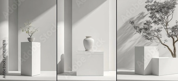 Fototapeta Minimalist White Pedestals with Decorative Elements and Shadows
