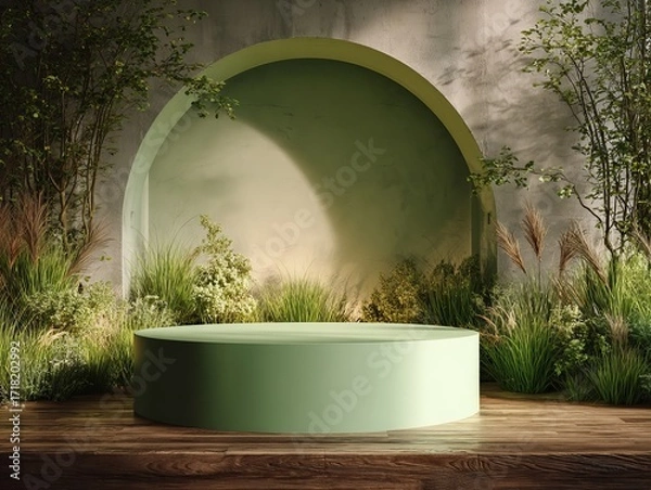 Fototapeta Sage green cylindrical display podium in an arched alcove with natural greenery