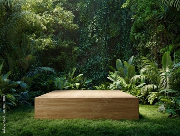 Fototapeta Square wooden platform in a dense jungle setting display