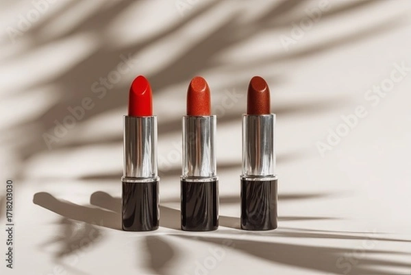 Fototapeta Three Lipsticks in Red Orange and Brown Shades with Leaf Shadows