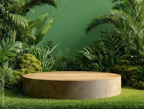 Fototapeta Wooden podium surrounded by lush green tropical foliage Keywords: podium, display, platform