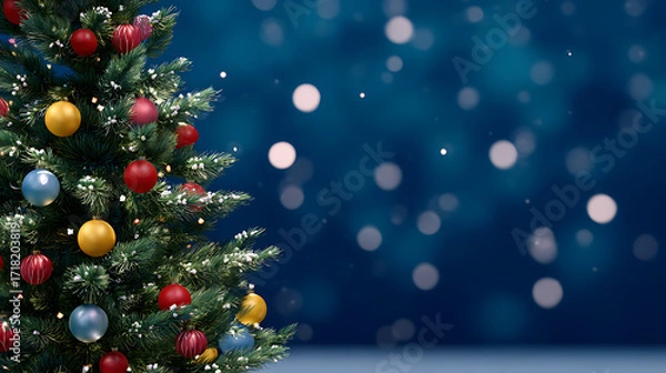 Fototapeta Christmas tree with colorful baubles on blue bokeh background. Festive holiday decoration with space for text.