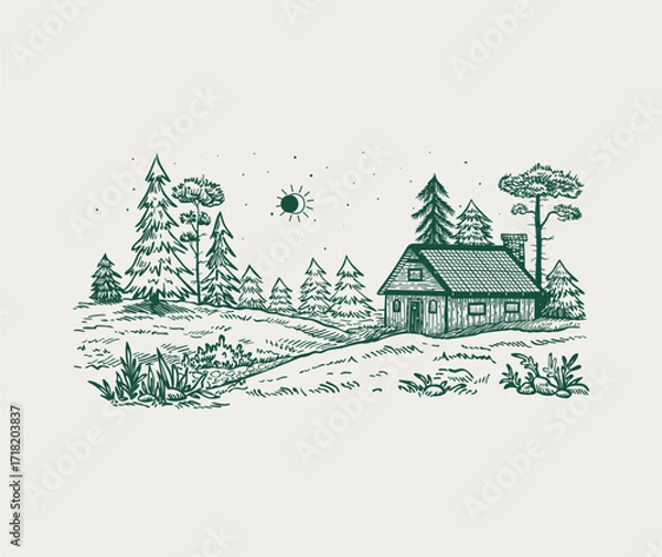Fototapeta Starry sky with solar eclipse in the forest. Wooden house between the fir trees. Vector line illustration of forest cottage, trees and starry sky with sun