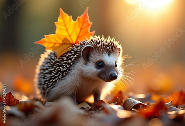 Obraz A curious hedgehog with an autumn leaf on its back, standing among fallen leaves. Macro shot, sharp details, golden hour lighting