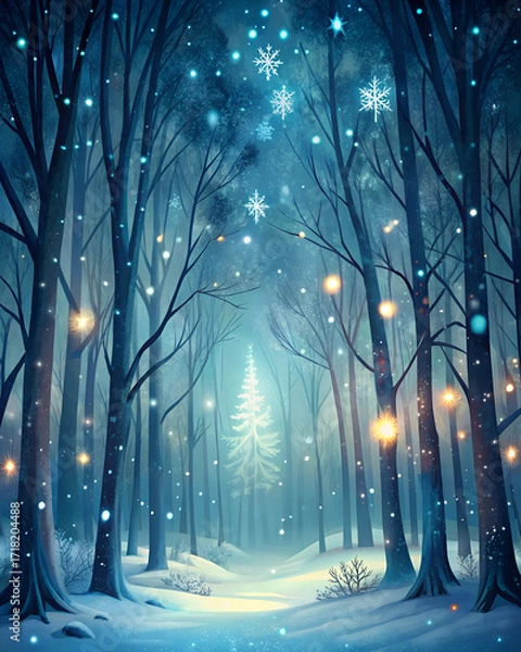 Obraz Winter forest with glowing lights, snowflakes falling, magical greeting card background