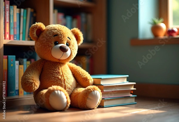 Obraz A teddy bear sits next to a stack of children's books, a reading corner with soft lighting
