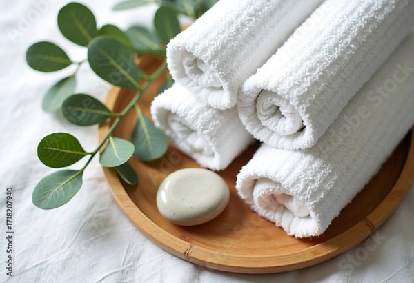 Obraz Overhead shot of spa essentials: rolled white towels, eucalyptus branches, and a smooth stone, on a light bamboo tray, serene and calm atmosphere.