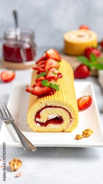 Fototapeta Strawberry roll cake serving with jam and cream