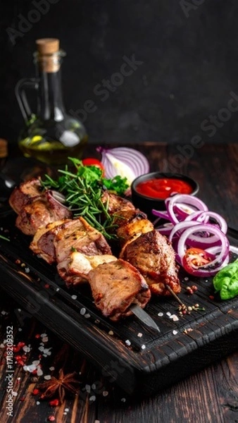 Fototapeta Grilled shish kebab skewers with rosemary and onion