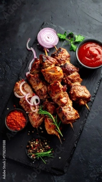 Fototapeta Grilled shashlik skewers with herbs and spices on dark slate
