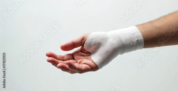 Fototapeta Close up view of a bandaged hand illustrating an injury, resting against a clean white backdrop, emphasizing the importance of medical care
