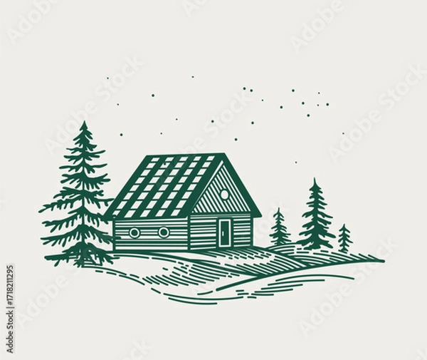 Fototapeta Cozy wooden house between spruce trees. Vector line illustration of forest cottage, fir trees and starry sky.