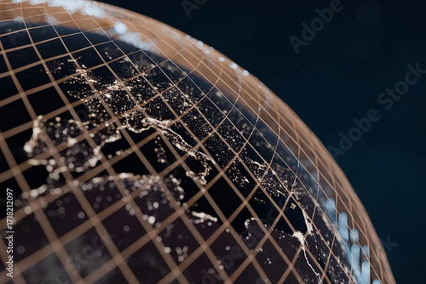 Fototapeta Glowing Earth with illuminated cities at night covered by a golden digital grid lines, symbolizing global networks, technology, connectivity, and modern digital communication. Business and finance
