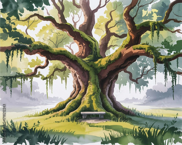 Fototapeta Vibrant Watercolor Illustration of an Ancient Mossy Tree with a Bench in a Tranquil Misty Landscape