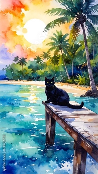 Fototapeta Watercolor cat on a dock by a tropical beach at sunset