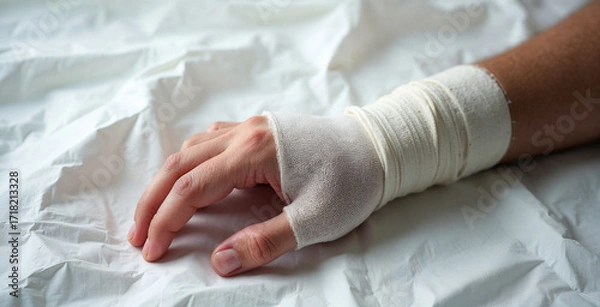Fototapeta Close up view of a bandaged hand illustrating an injury, resting against a clean white backdrop, emphasizing the importance of medical care