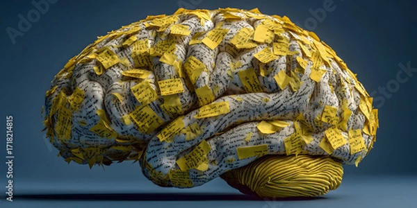 Fototapeta Human brain covered with yellow sticky notes symbolizing memory overload or task reminder concept on blue background. 3D Rendering. 3D Rendering