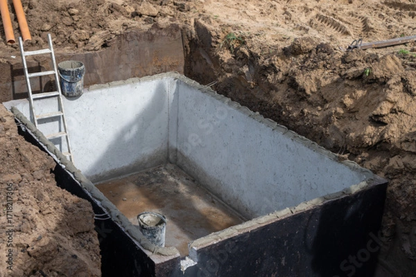 Fototapeta Concrete foundation pit with construction ladder and buckets at building site.