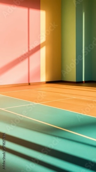 Fototapeta Brightly colored indoor sports hall with unique wall shades and dynamic shadows creating a vibrant atmosphere