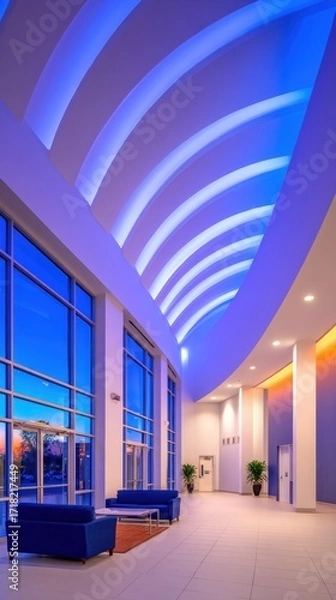 Fototapeta Modern interior of a spacious lobby with blue ambient lighting, showcasing sleek furniture and tranquility