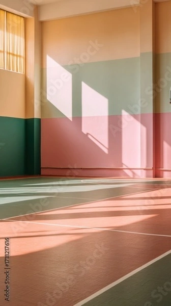 Fototapeta Brightly lit indoor sports hall with colorful walls and shadows creating a dynamic atmosphere