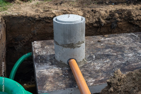Fototapeta Concrete sewage system pipe installation in a trench at a construction site.