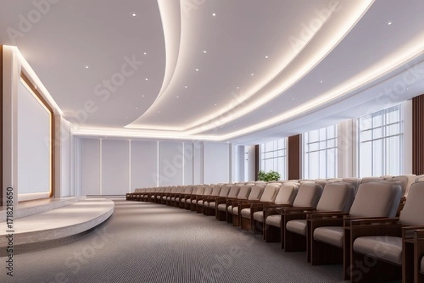 Fototapeta Modern conference room with elegant lighting and seating, ready for a presentation, showcasing a professional atmosphere