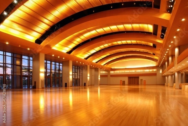 Fototapeta Spacious indoor hall with wooden flooring and warm lighting, ideal for events and gatherings