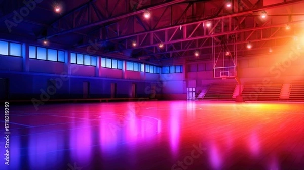 Fototapeta A vibrant basketball court illuminated by colorful lights, showcasing a dynamic sports atmosphere